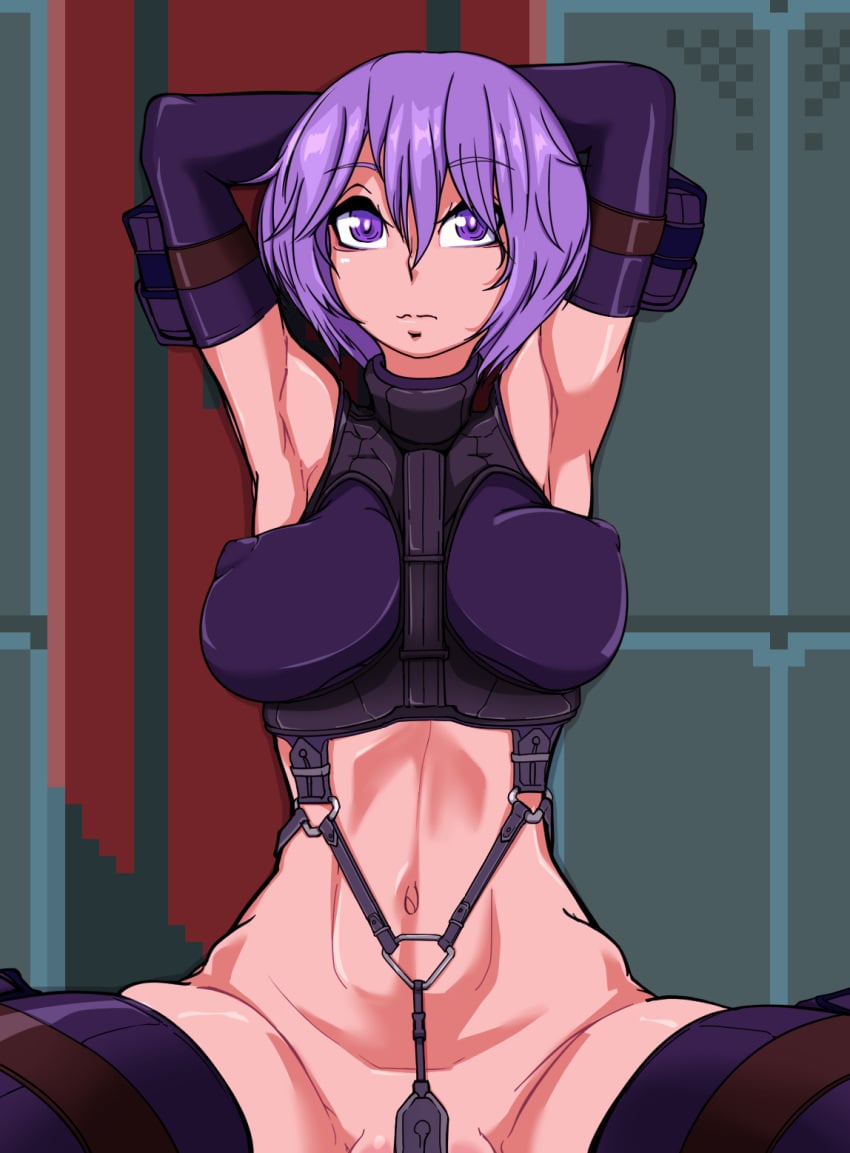 arm_pouch arm_strap armpits arms_up bellybutton black_bow blue_background cameltoe closed_mouth crotch_strap elbow_gloves eyebrows female female_focus hair_between_eyes looking_at_viewer martyr_(the_citadel) matching_hair/eyes navel nipples_visible_through_shirt purple_eyes purple_hair purple_shirt purple_thighhighs red_bow simple_background solo solo_focus the_citadel the_martyr thigh_strap thighhighs tube_top