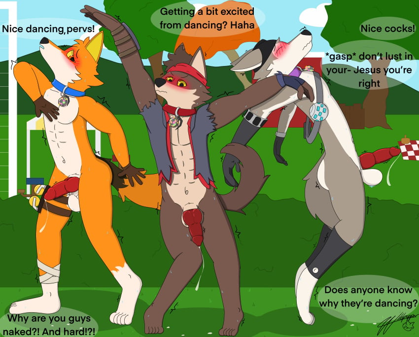 absurd_res anthro armor ass balls blush bodily_fluids body_control canid canine canis clothing collar dancing dialogue digital_media_(artwork) dire_(fortnite) embarrassed english_text epic_games erection exhibitionism feet fennix_(fortnite) forced fortnite fox fur genital_fluids genitals gloves group hair handwear headgear helmet hi_res humiliation kerchief knot leggings legwear male male/male mammal mostly_nude mythological_canine mythological_creature mythology open_mouth penis precum presenting presenting_penis public red_fox story story_in_description sweat tail text topwear trio true_fox wendell_(fortnite) werecanid werecanine werecreature werewolf wildpupper wolf