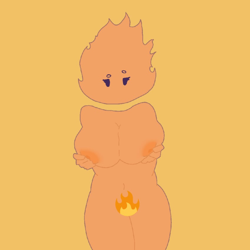 artist_request big_breasts big_thighs breast_grab dot_eyes emoji eyes_half_open fire fire_body fire_emoji front_view holding_breast levitation long_eyelashes looking_at_viewer needlemouse_(character) orange_background orange_body orange_skin original plain_background rule_63