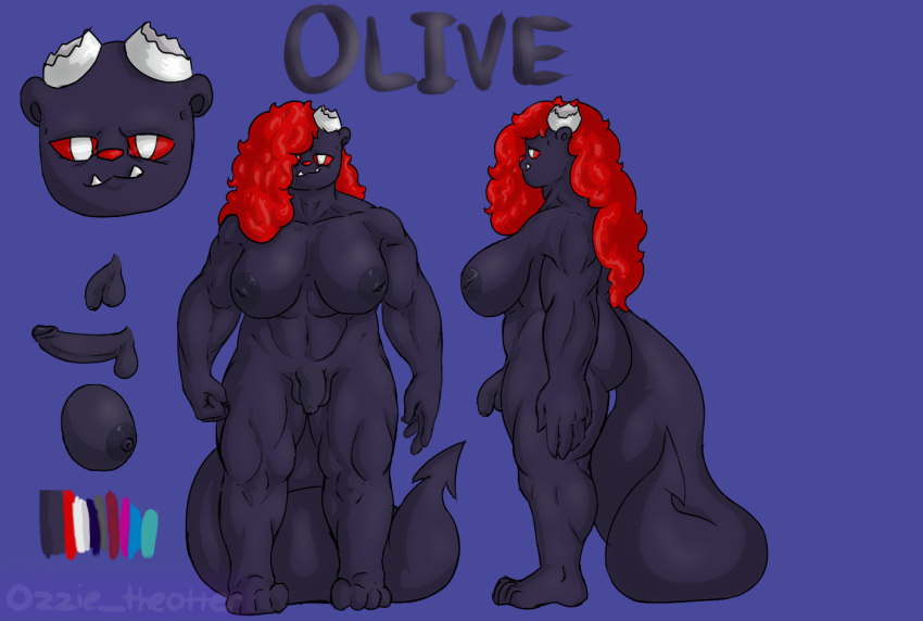 anthro big_breasts bottomwear breasts clothing demon futanari grey_body gynomorph hair herm horn humanoid hybrid intersex mammal mother_(lore) muscular mustelid olivia_trea otter ozzie_the_otter pants parent_(lore) pupils purple_body red_hair red_sclera shirt tank_top topwear white_pupils
