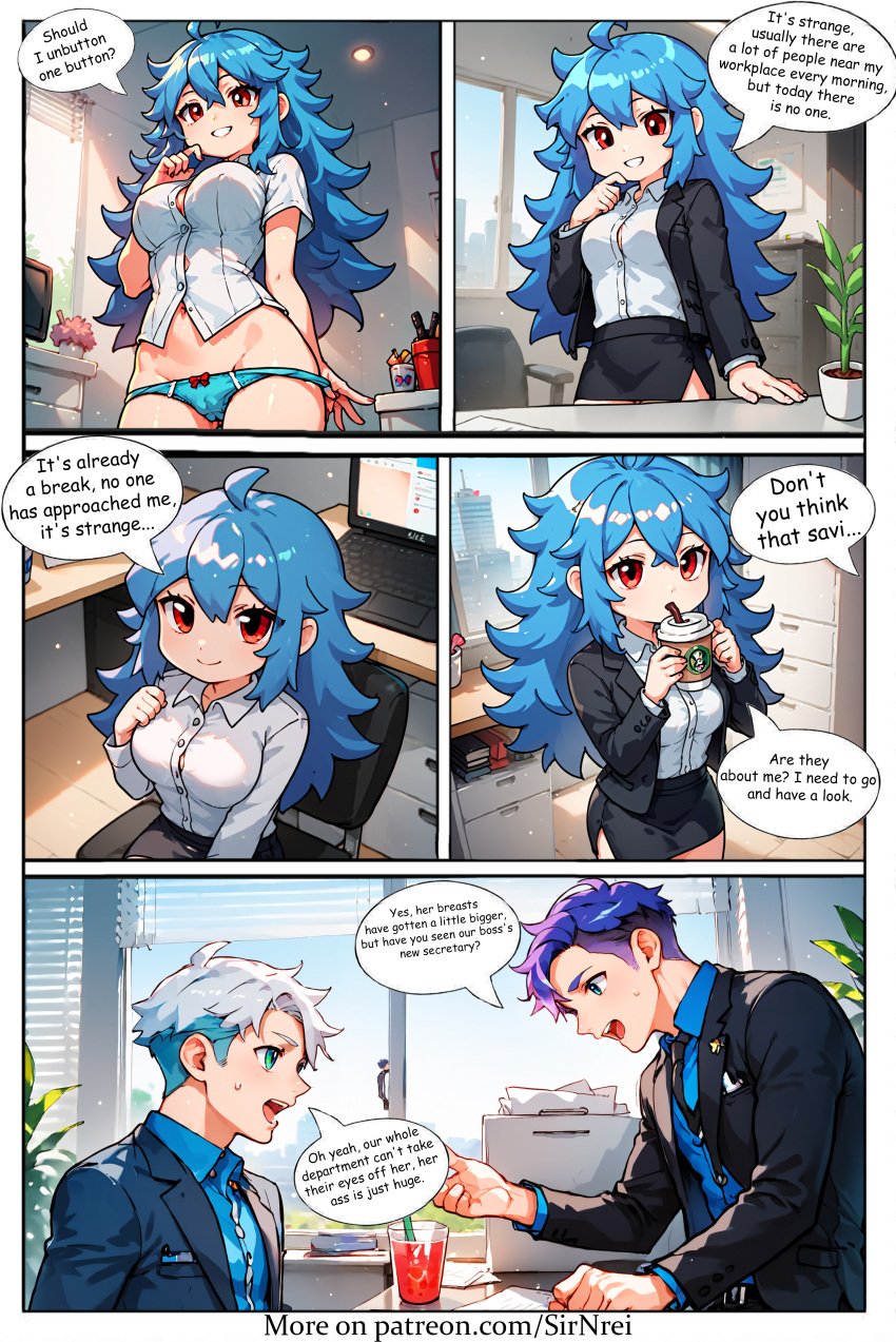 1girls_ass _butt ai_generated artist_sirnrei ass_bigger_than_head ass_cleavage ass_expansion big_ass blue_eyes blue_hair blush breasts comic drinking female female_only headband hourglass_expansion hourglass_figure huge_ass hyper_ass hyper_breasts multiple_girls nude office_lady official_alternate_costume savi sirnrei solo