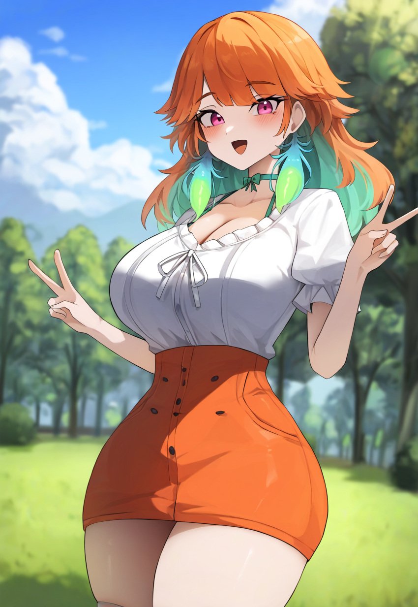 1girls ai_generated big_breasts choker clothed clothing double_v novelai orange_hair outdoors outside park smile solo takanashi_kiara teal_hair tgm101_(artist) thick_thighs thin_waist two_tone_hair vtuber wide_hips