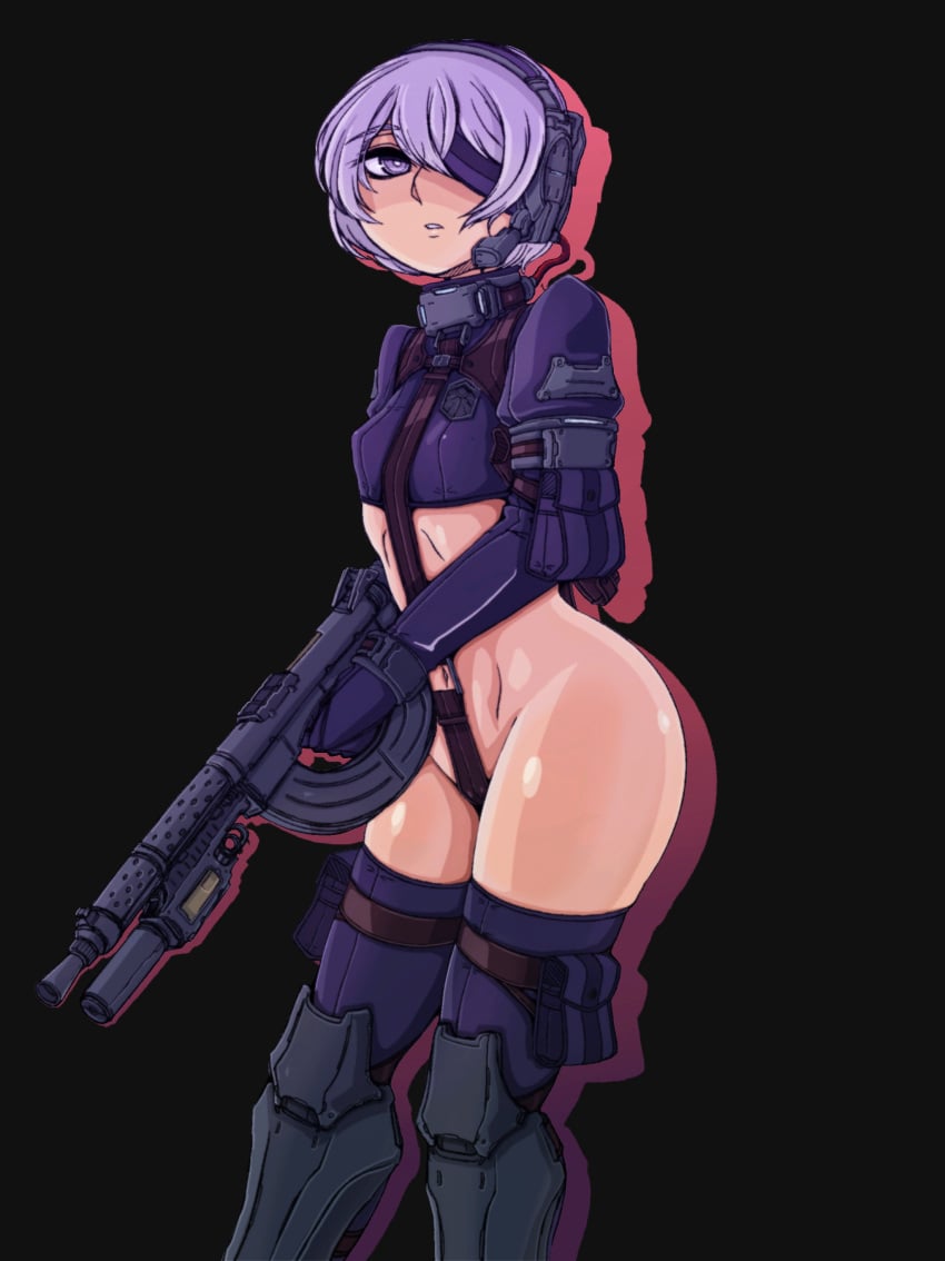 arm_pouch armor armored_boots ass assault_rifle black_bow boots bow crotch_strap doekuramori female female_focus gloves greaves gun hair_between_eyes headgear holding holding_gun holding_rifle holding_weapon holster martyr_(the_citadel) matching_hair/eyes official_art one_eye_covered open_mouth pouch purple_eyes purple_gloves purple_hair rifle solo solo_focus standing the_citadel the_martyr thigh_pouch thigh_strap thighhighs weapon