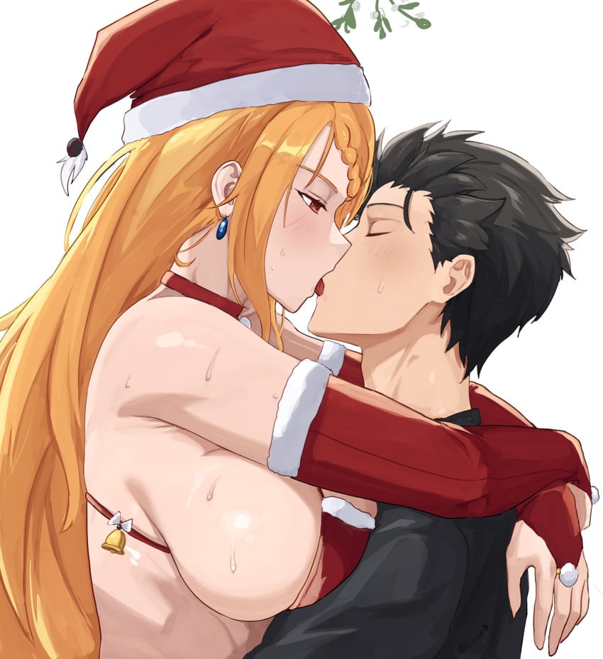 akihitoevon arms_around_neck big_breasts bikini blush braid breasts choker christmas_hat earrings elbow_gloves fingerless_gloves gloves kissing long_hair natsuki_subaru orange_hair priscilla_barielle re:zero_kara_hajimeru_isekai_seikatsu red_bikini red_eyes red_gloves santa_bikini shiny_skin sideboob sweat sweaty_body tongue tongue_kiss tongue_out