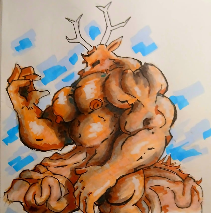 absurd_res anthro deer genitals hi_res hyper hyper_genitalia male male_only mammal musclegut muscular pecs penis solo vein veiny_penis