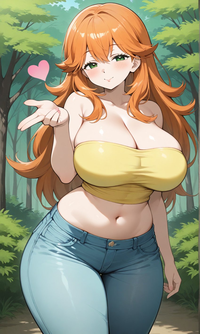 ai_generated bangs bare_arms bare_shoulders blue_pants blue_sky blush breasts building camisole clavicle cleavage closed_mouth clothing cloud crop_top curvaceous day denim denim_shorts female female_only green_eyes hair_between_eyes huge_breasts indoors jeans kasumi_(pokemon) large_breasts long_hair looking_at_viewer midriff navel orange_hair outdoors pants plant pokemon pokemon_character road shirt short_shorts shorts sky sleeveless smile solo spaghetti_strap standing stomach street tank_top thick_thighs thighs wide_hips yellow_shirt