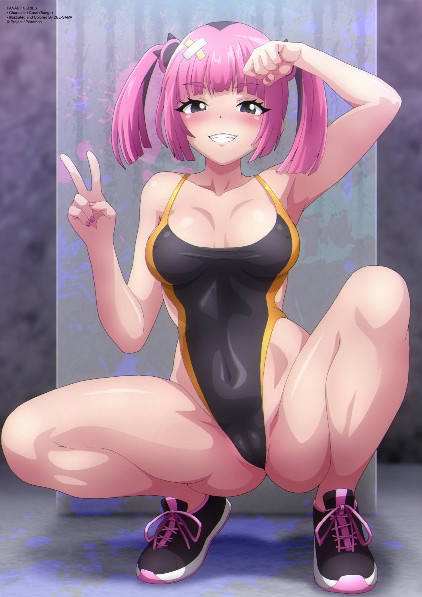 black_eyes black_footwear black_hair black_one-piece_swimsuit blush breasts collarbone competition_swimsuit coral_(pokemon) covered_erect_nipples creatures_(company) double_bun female game_freak grin hair_bun hair_ornament highleg highleg_one-piece_swimsuit long_hair looking_at_viewer medium_breasts multicolored_hair nintendo one-piece_swimsuit paint_splatter paw_pose pink_hair pink_nails pokemon pokemon_(anime) pokemon_horizons shoes smile sneakers splatter spread_legs squatting streaked_hair swimsuit teeth twintails v zel-sama