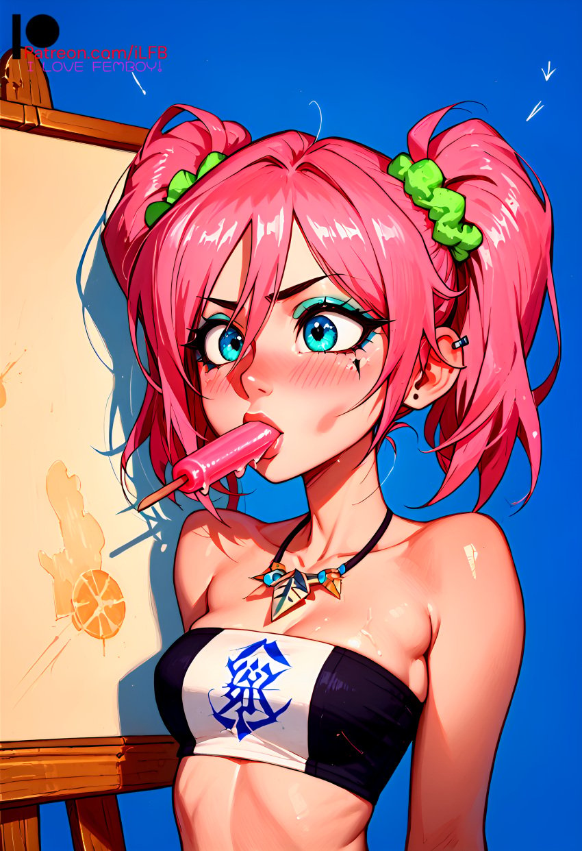 1boy ai_generated ambiguous_gender blue_eyes dickgirl ear_piercing earrings femboy futanari ilfb long_hair pink_hair simple_background small_breasts trap twintails