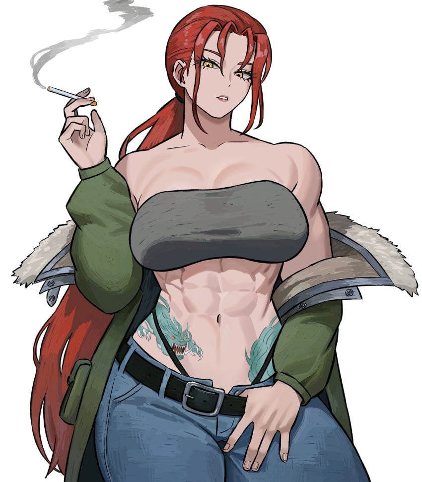 1girls 2024 abs bandeau belt breasts cigarette denim hand_on_crotch jacket jeans long_hair looking_at_viewer muscular muscular_female pants red_hair smoke stomach_tattoo strapless tattoo yellow_eyes zeon_(zzeeonn) zeon_j