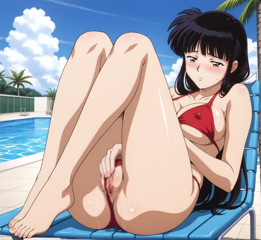 ai_generated ass black_hair blush breasts censored exhibitionism feet inuyasha kikyo_(inuyasha) kuudere long_hair masturbation pussy red_eyes swimsuit