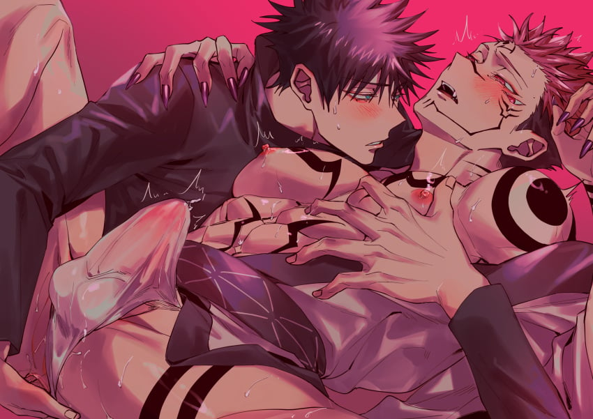 2boys abs absurdres anal_fingering azukiharuta_ju black_hair black_nails blush brown_hair bulge chest_tattoo facial_tattoo fingering fingernails fushiguro_megumi green_eyes highres jujutsu_kaisen jujutsu_tech_uniform leg_tattoo male_focus multiple_boys muscular muscular_male nipples open_mouth pectoral_grab pectorals red_eyes robe ryoumen_sukuna_(jujutsu_kaisen) sharp_fingernails short_hair shoulder_tattoo stomach_tattoo tattoo teeth white_robe yaoi