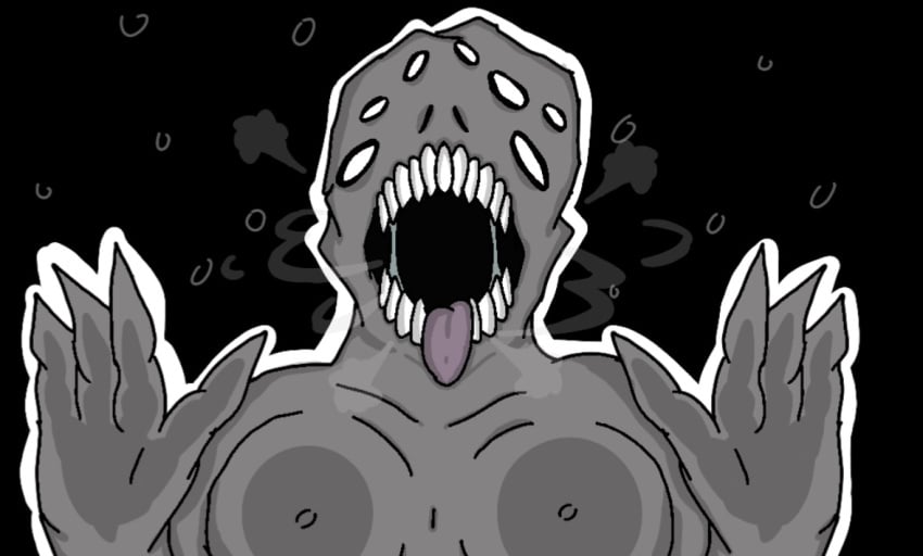 4_fingers breasts doom doom_3 gray_body imp_(doom) oc open_mouth pressed_on_glass rpg247a saliva sharp_teeth steam tagme tongue tongue_out white_eyes