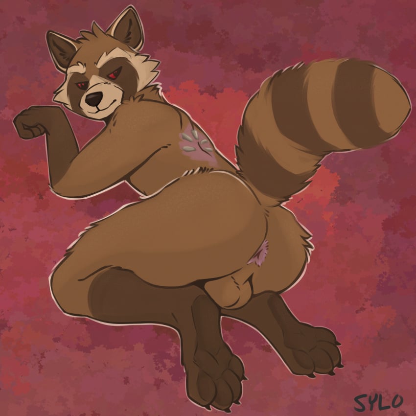 1:1 2025 anthro anus ass balls brown_body brown_fur digital_media_(artwork) feet fur genitals guardians_of_the_galaxy hi_res hindpaw looking_back male mammal markings marvel nude paws procyonid raccoon rear_view ring_(marking) ringed_tail rocket_raccoon simple_background solo striped_markings striped_tail stripes sylo tail tail_markings