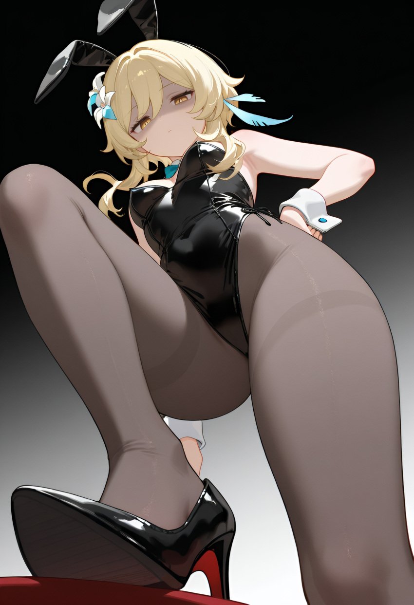 ai_generated annoyed annoyed_expression blonde_hair breasts bunny_ears bunny_girl bunnysuit disgusted femdom from_below genshin_impact hand_on_hip legs looking_at_viewer low-angle_view lumine_(genshin_impact) pantyhose playboy_bunny shaded_face thighs yellow_eyes