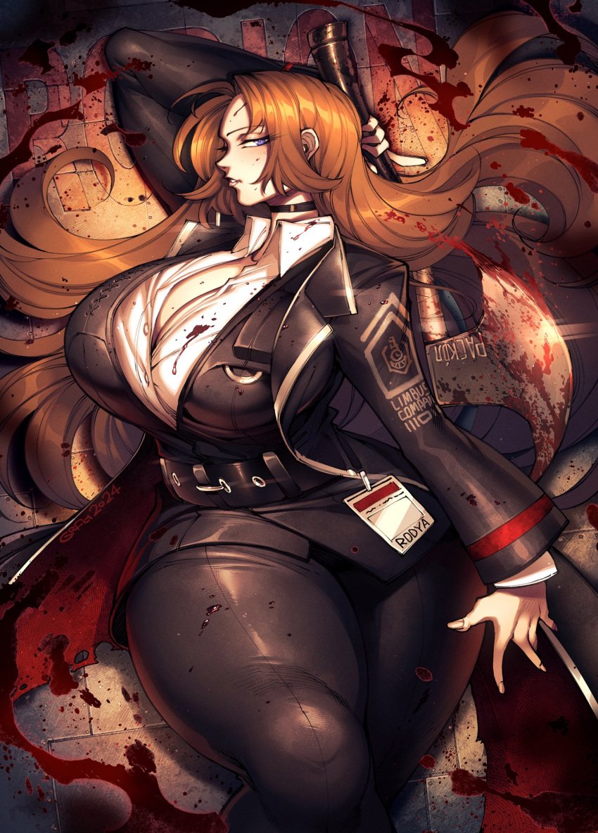 1girls axe blood blood_on_clothing blood_stain blue_eyes breasts brown_hair brown_hair busty choker cleavage clothing eyelashes_visible_through_hair female female_only gofa holding_weapon huge_breasts identification_card jacket large_breasts light-skinned_female light_skin limbus_company long_hair looking_at_viewer one_arm_behind_head pants project_moon rodion_(limbus_company) solo thick_thighs thighs weapon