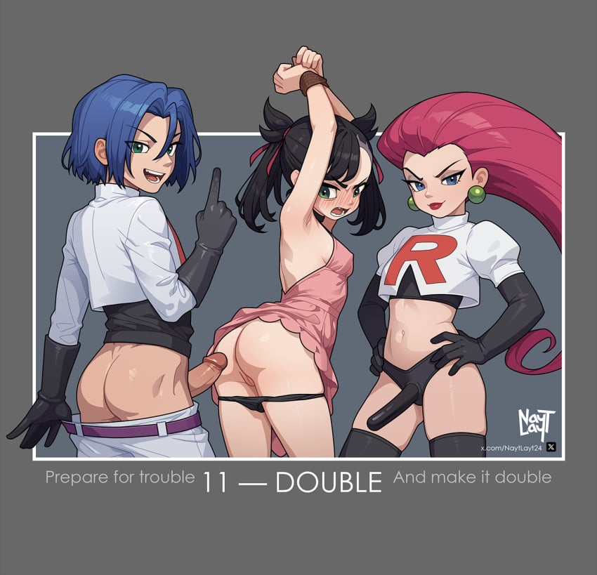 1boy 2girls arms_up ass asymmetrical_bangs bad_deviantart_id bad_id black_choker black_gloves black_hair black_panties black_sports_bra black_thighhighs blue_eyes blue_hair blush border bound bound_wrists breasts choker cleft_of_venus clothes_lift clothes_pull commentary crop_top dark_penis dildo dress dress_lift earrings elbow_gloves english_commentary english_text erection ffm_threesome flat_chest gloves green_eyes grey_background grey_border group_sex hair_ribbon hair_slicked_back highres imminent_rape implied_bisexual index_finger_raised james_(pokemon) jessie_(pokemon) jewelry large_penis long_hair looking_at_penis lube marnie_(pokemon) midriff multiple_girls navel nayt_layt no_bra outside_border panties pants pants_pull panty_pull penis penis_awe penis_out pink_dress pokemon pokemon_(anime) pokemon_swsh purple_hair pussy ribbon rope sex_toy short_twintails sideboob small_breasts sphere_earrings sports_bra strap-on team_rocket team_rocket_uniform thighhighs threesome twintails uncensored undercut underwear