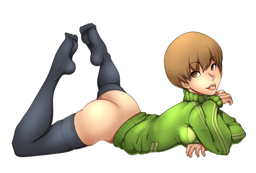 ass black_legwear blush bottomless brown_eyes brown_hair female human jacket lying megami_tensei mrsteak on_stomach outerwear persona persona_4 satonaka_chie short_hair simple_background smile solo sportswear thighhighs topwear track_jacket white_background