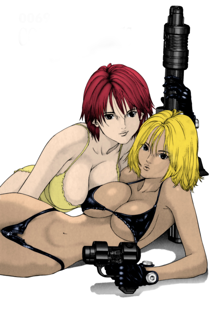 2girls blonde_hair breasts chocolate_and_vanilla cleavage colored dark_skin female female_only gantz gun guns kei_kishimoto navel official_art oku_hiroya red_hair short_blonde_hair short_hair short_red_hair stomach tummy weapon