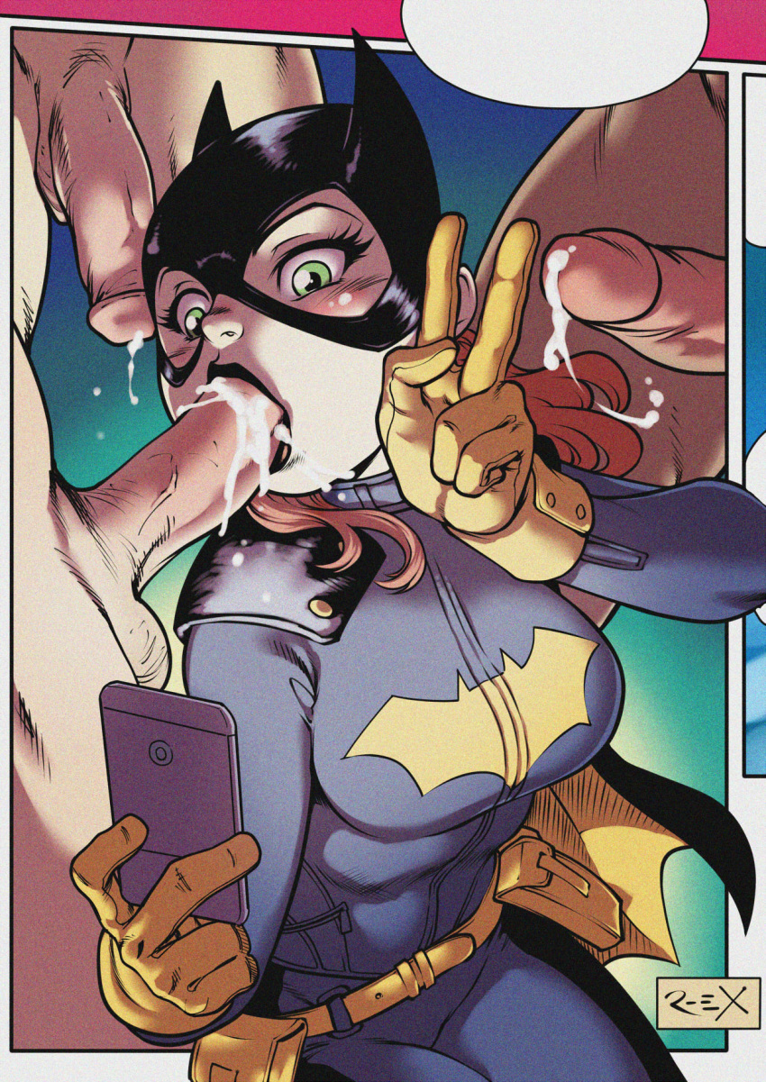 3boys :>= barbara_gordon batgirl batgirl_of_burnside_(comic) batman_(series) belt black_lipstick blowbang blush bodysuit camera_phone cape cellphone cum cum_in_mouth cum_inside dc dc_comics fellatio fellatio_selfie female foursome gangbang gloves green_eyes group_sex highres human lipstick long_hair male mask oral orange_hair penis r_ex selfie selfie_fellatio sex showing_off straight v