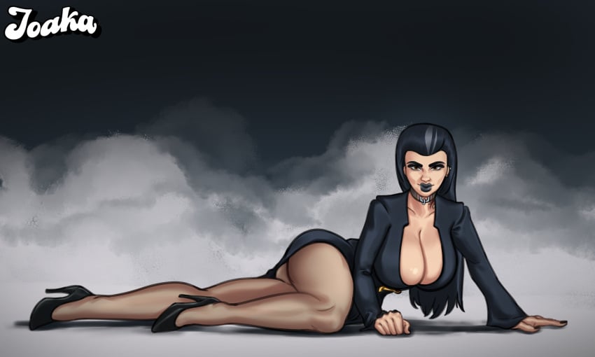 1girls 2025 2d 2d_(artwork) big_breasts black_hair black_lipstick breasts cleavage clothed clothing curvaceous curves curvy curvy_body curvy_female curvy_figure curvy_hips digital_drawing_(artwork) digital_media_(artwork) goth goth_girl gothic joakadraws laying_down laying_on_side light-skinned_female light_skin lipstick long_hair odette_(summertime_saga) on_floor on_side pantyhose pose posing presenting showing_off simple_background summertime_saga thick_thighs vampire vampire_girl watermark