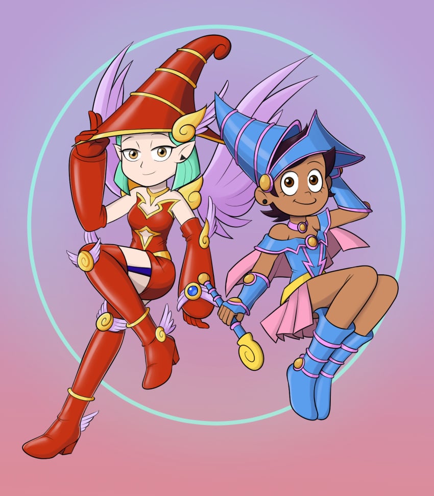 amity_blight apple_magician_girl apple_magician_girl_(cosplay) artist_request bare_shoulders black_magician_girl black_magician_girl_(cosplay) blue_boots blue_gloves blue_hat blue_witch_hat brown_eyes brown_hair brown_skin choker cleavage dark_magician_girl dark_magician_girl_(cosplay) earrings fingerless_gloves floating green_hair holding_hat holding_wand long_boots long_gloves looking_at_viewer luz_noceda magical_girl mew-me miniskirt name_request pale_skin pink_dress pink_miniskirt red_boots red_gloves red_hat red_miniskirt red_witch_hat short_dress short_hair small_dress smile smiley_face the_owl_house wand winged_boots winged_hat wings witch_hat yellow_eyes yu-gi-oh!