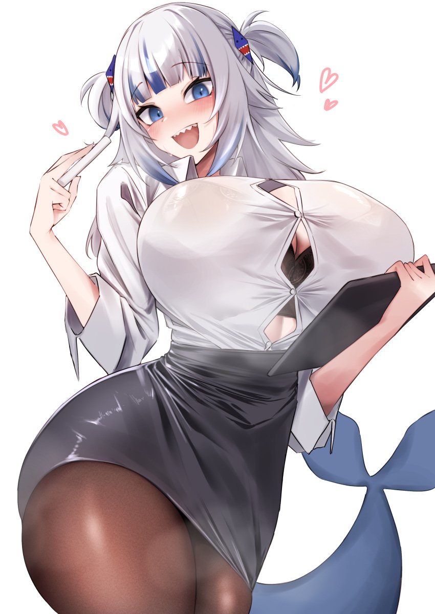 black_bra blue_eyes blue_highlights bursting_breasts button_down_shirt cleavage gawr_gura heart hololive hololive_english hololive_myth huge_breasts office_lady shark_tail sharp_teeth skirt smiling stockings teacher thick_thighs virtual_youtuber white_hair white_shirt