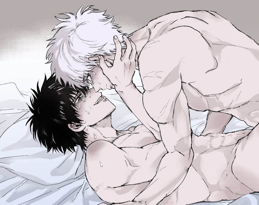 2boys black_hair blush crying crying_with_eyes_open endo_104 gay gintama gintoki_sakata halftone hand_on_another's_head hijikata_toshiro implied_anal implied_sex looking_at_another male male_only missionary_position muscular muscular_male no_visible_genitalia nude on_back on_bed pale-skinned_male pale_skin scars screentone smile sweat tears white_hair yaoi