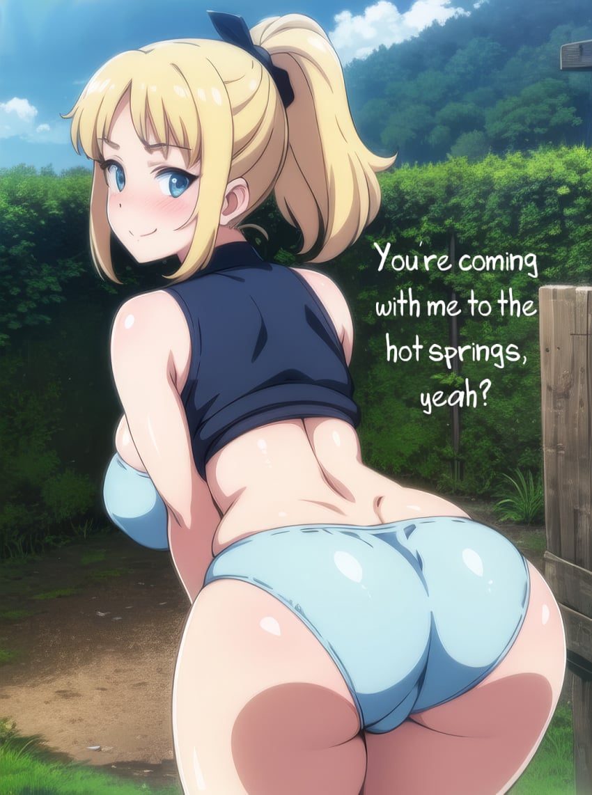 1girls ai_assisted ai_generated anime_nose aqua_eyes ass ass backyard bent_over big_breasts blonde_female blonde_hair blue_bra blue_eyes blue_panties blush blush_lines breast_focus breasts bushes busty caption cleavage closed_mouth clothed_female cloud curvy_figure dark_blue_shirt day embarrassed english english_text female_focus front_view hair_tie large_breasts male_pov original original_character ponytail rear_view shirt_open sky small_but_busty smile soft_breasts solo_focus speech teen teenage_girl teenager text trees young