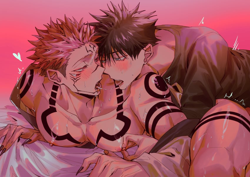 2boys absurdres azukiharuta_ju black_hair black_nails chest_tattoo commentary_request facial_tattoo fingernails fushiguro_megumi highres implied_sex jujutsu_kaisen large_pectorals male_focus multiple_boys muscular muscular_male nipple_stimulation nipple_tweak nipples pectorals red_eyes robe ryoumen_sukuna_(jujutsu_kaisen) saliva saliva_trail sharp_fingernails short_hair shoulder_tattoo tattoo tongue tongue_out white_robe yaoi