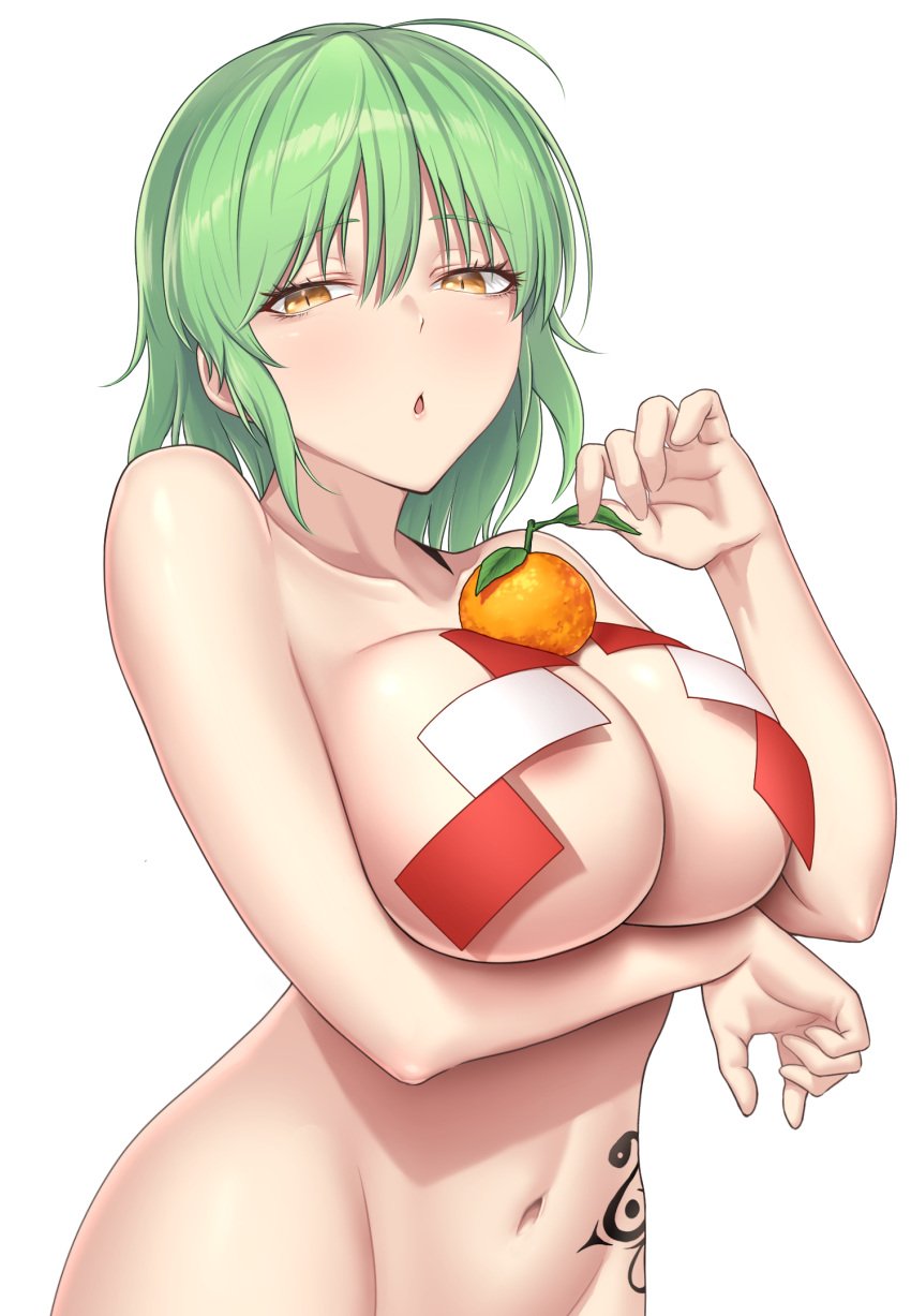 areola_slip arm_under_breasts breasts brown_eyes female food fruit green_hair hikage_(senran_kagura) hip_tattoo kagami_mochi large_breasts looking_at_viewer mandarin_orange nude senran_kagura simple_background solo upper_body white_background zib_(boriku)