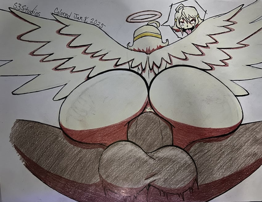 1boy 1girls 1man ahegao anal angel angel_halo colored_pencil_(artwork) dark-skinned_male dated gold_skin huge_ass nasse platinum_end s3_studios sex short_hair simple_background traditional_art traditional_media_(artwork) wings