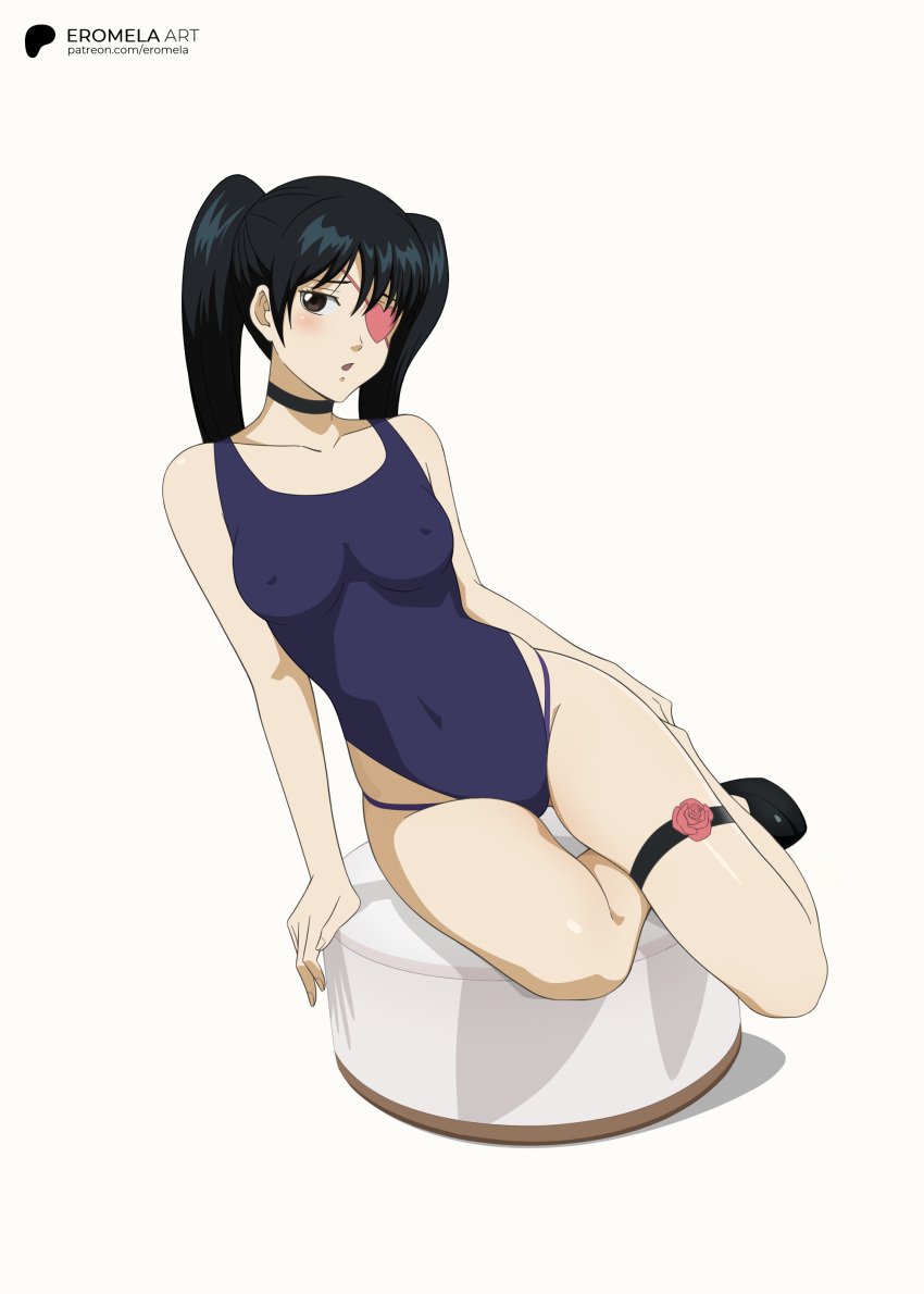 accurate_art_style black_hair blush brown_eyes choker eromelaart eye_patch female female_only garter gintama long_hair looking_at_viewer medium_breasts nipple_bulge official_alternate_costume one-piece_swimsuit reclining shy sitting solo swimsuit thigh_strap twintails wide_hips yagyuu_kyuubei