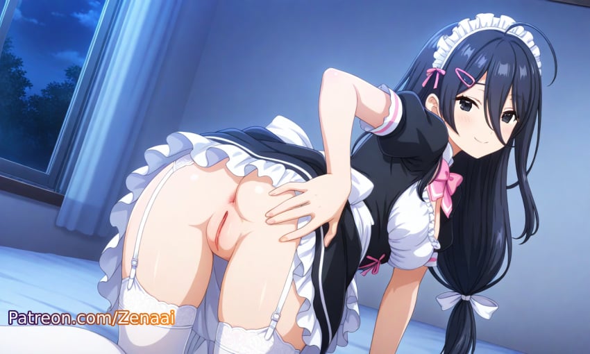 1girls ai_generated anus ass bed bedroom black_hair breasts female garter_straps hair_between_eyes hair_ornament hairclip indoors kimishima_ayano long_hair looking_at_viewer looking_back maid maid_headdress maid_uniform patreon presenting pussy roshidere short_sleeves skirt_lift smile solo spreading spreading_ass thighhighs tokidoki_bosotto_russian_de_dereru_tonari_no_alya-san white_thighhighs zenaai