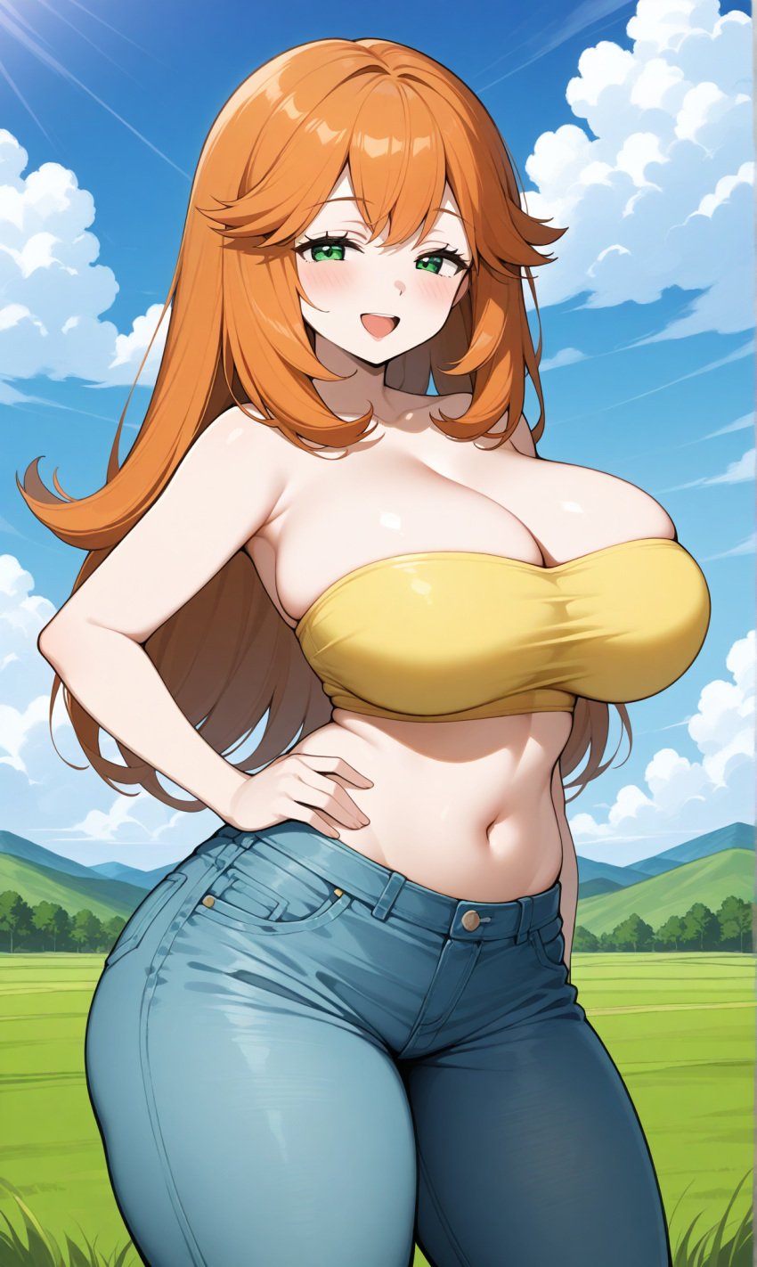 ai_generated bangs bare_arms bare_shoulders blue_pants blue_sky blush breasts building camisole clavicle cleavage closed_mouth clothing cloud crop_top curvaceous day denim denim_shorts female female_only green_eyes hair_between_eyes huge_breasts indoors jeans kasumi_(pokemon) large_breasts long_hair looking_at_viewer midriff navel orange_hair outdoors pants plant pokemon pokemon_character road shirt short_shorts shorts sky sleeveless smile solo spaghetti_strap standing stomach street tank_top thick_thighs thighs wide_hips yellow_shirt