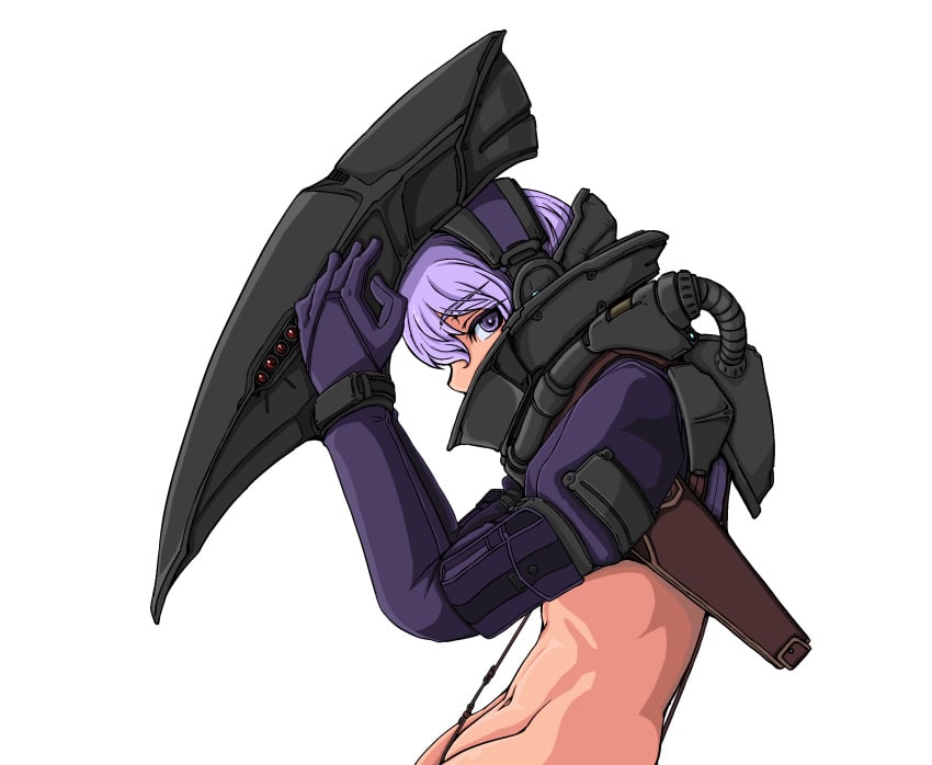 crop_top crotch_strap doekuramori english_text eyebrows eyelashes female female_focus gloves helmet holster looking_at_viewer martyr_(the_citadel) matching_hair/eyes navel official_art purple_eyes purple_gloves purple_hair purple_shirt red_background removing_helmet shirt short_hair simple_background solo the_citadel the_martyr transparent_background unworn_headwear unworn_helmet