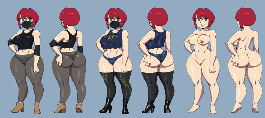 1girls asian big_ass bubble_butt character_sheet darkeros13 female glasses green_eyes large_ass loose_shirt mask nude red_hair reference_sheet see_through_leggings tanktop thick_thighs thong tsuki_(marisfaraway) variant_set wide_hips