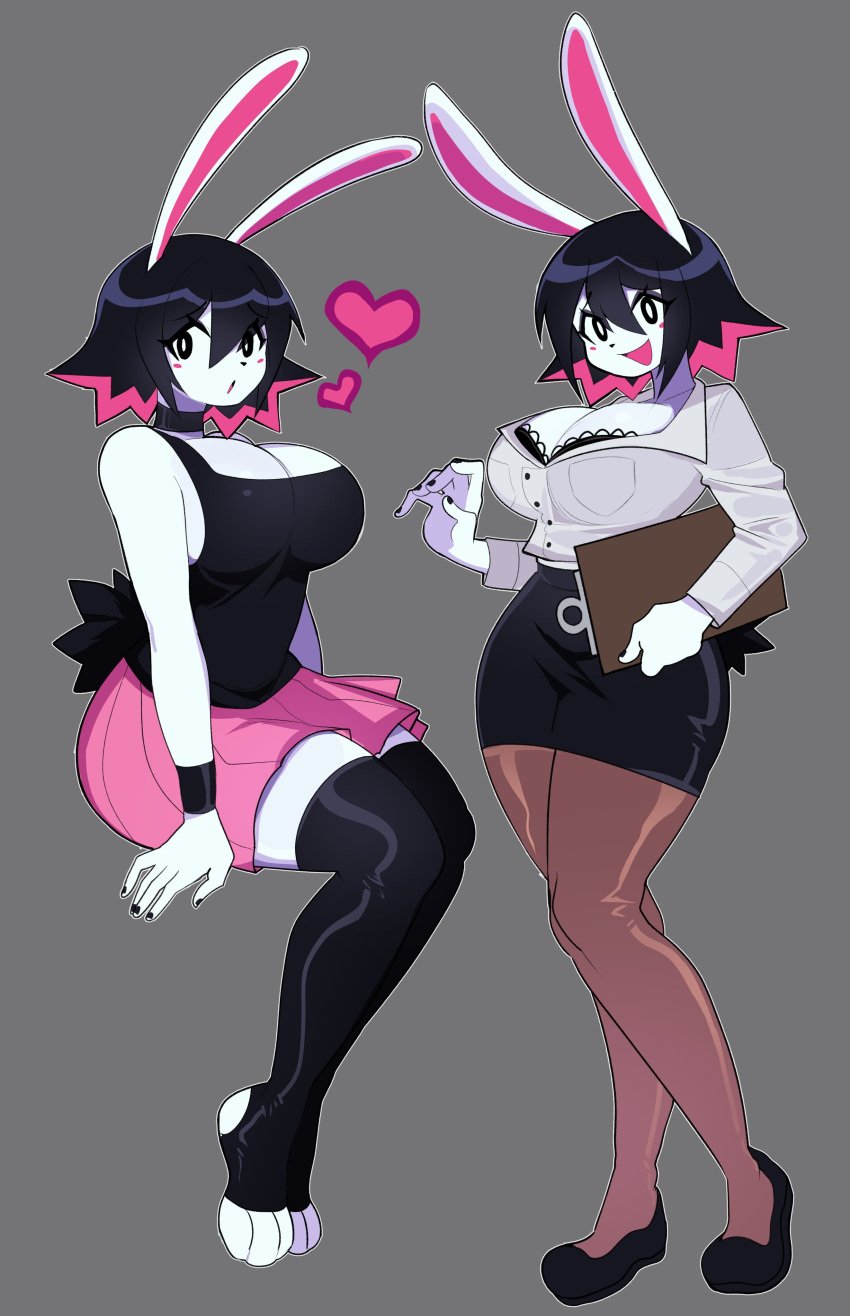 big_breasts black_hair black_nail_polish black_nails bloodycherrylip bra_peek bracelets bunny bunny_girl choker ddloveblood dvampiresmile felix_(dvampiresmile) female female_focus female_only full_body fully_clothed hare hare_humanoid heart hi_res hourglass_figure leggings legwear office_clothing office_lady pink_hair pink_skin short_hair sitting skirt standing tank_top thick_thighs thigh_highs thighhighs topwear two_tone_hair voluptuous voluptuous_female white_body white_pupils white_skin wide_hips