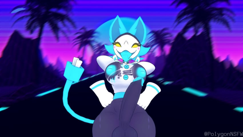 16:9 4k absurd_res anthro breasts deltarune female futanari genitals hi_res intersex penis polygonnsfw solo synthwave tasque_manager undertale_(series) widescreen