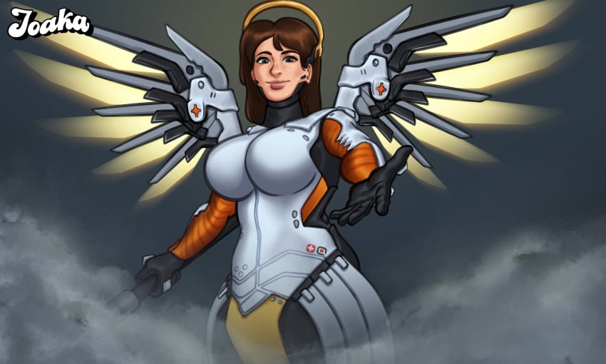 1girls 2025 2d 2d_(artwork) angel angel_wings big_breasts breasts brown_hair clothed clothing debbie_(summertime_saga) digital_drawing_(artwork) digital_media_(artwork) female female_focus female_only halo joakadraws light-skinned_female light_skin long_hair looking_at_viewer mercy_(cosplay) overwatch overwatch_2 pose posing standing summertime_saga watermark