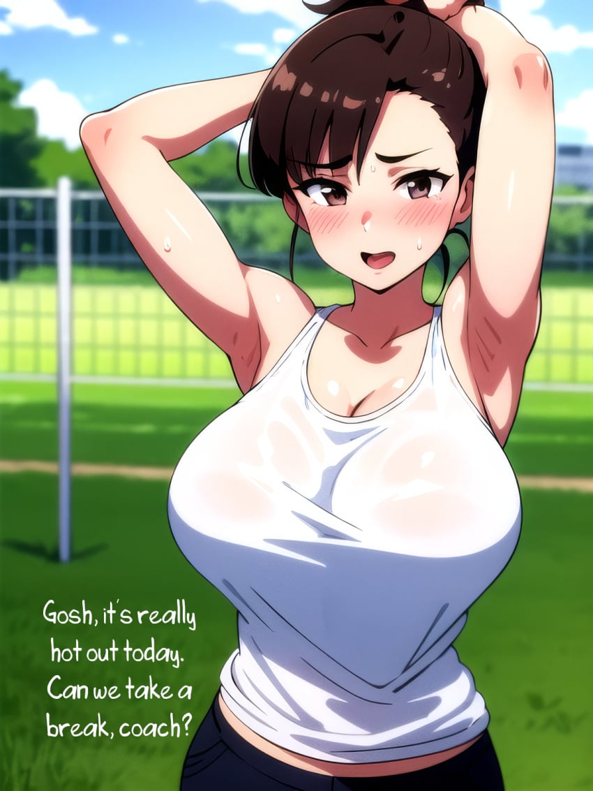 1boy1girl 1girls ai_assisted ai_generated anime_nose big_breasts blush blush_lines breast_focus breast_growth breasts breasts_together brown_eyes brown_hair busty caption cleavage clothed_female embarrassed english english_text female_focus front_view hazel_eyes huge_breasts huge_tits_teen large_breasts long_breasts male_pov open_mouth original original_character small_but_busty smile soft_breasts solo_focus speech sweatpants tank_top teen teenage_girl teenager text upper_body white_clothing white_shirt young