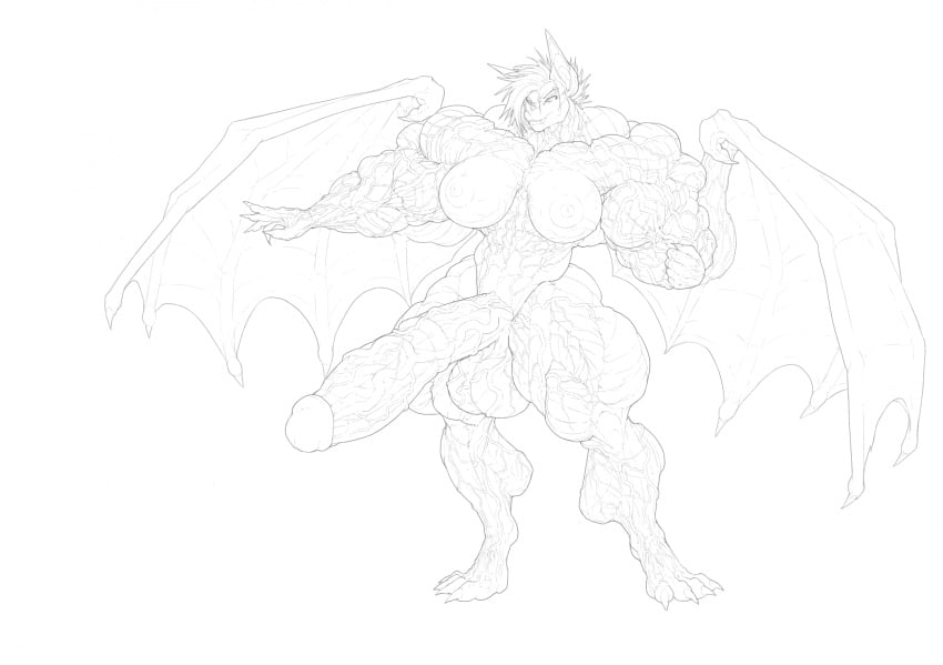 2022 anthro bat big_breasts big_muscles big_penis breasts full-length_portrait genitals gynomorph hi_res huge_breasts huge_cock huge_muscles hutska_(artist) hyper hyper_genitalia hyper_muscles hyper_penis intersex line_art mammal monochrome muscular muscular_wings penis portrait solo spread_wings vein veiny_muscles veiny_penis wings