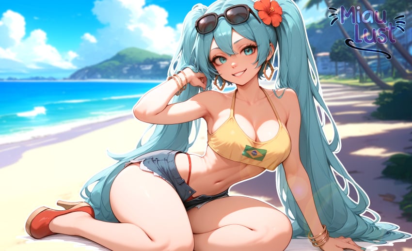 ai_generated beach bikini brazilian brazilian_miku hatsune_miku hatsune_miku_(collared_bikini) miaulust sunglasses_on_head vocaloid