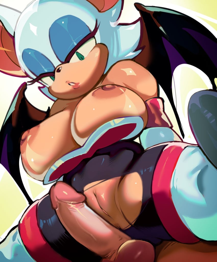 2022 balls bat bat_girl big_breasts blue_eyes blue_eyeshadow breasts female female_focus furry green_eyes legs_apart legs_spread male nipples penis pink_lips pink_lipstick pussy ripped_clothing rouge_the_bat sega sonic_(series) sonic_the_hedgehog_(series) sotemfurro thick_thighs thighs white_hair