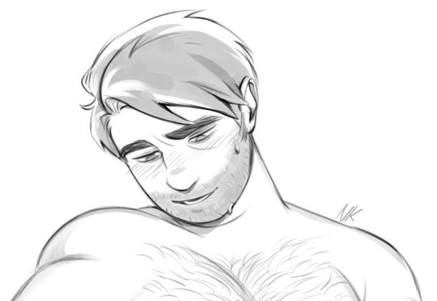 blush greyscale hairy hairy_chest hairy_male looking_down male_focus male_only nicole_knives shane_(stardew_valley) stardew_valley stubble sweating