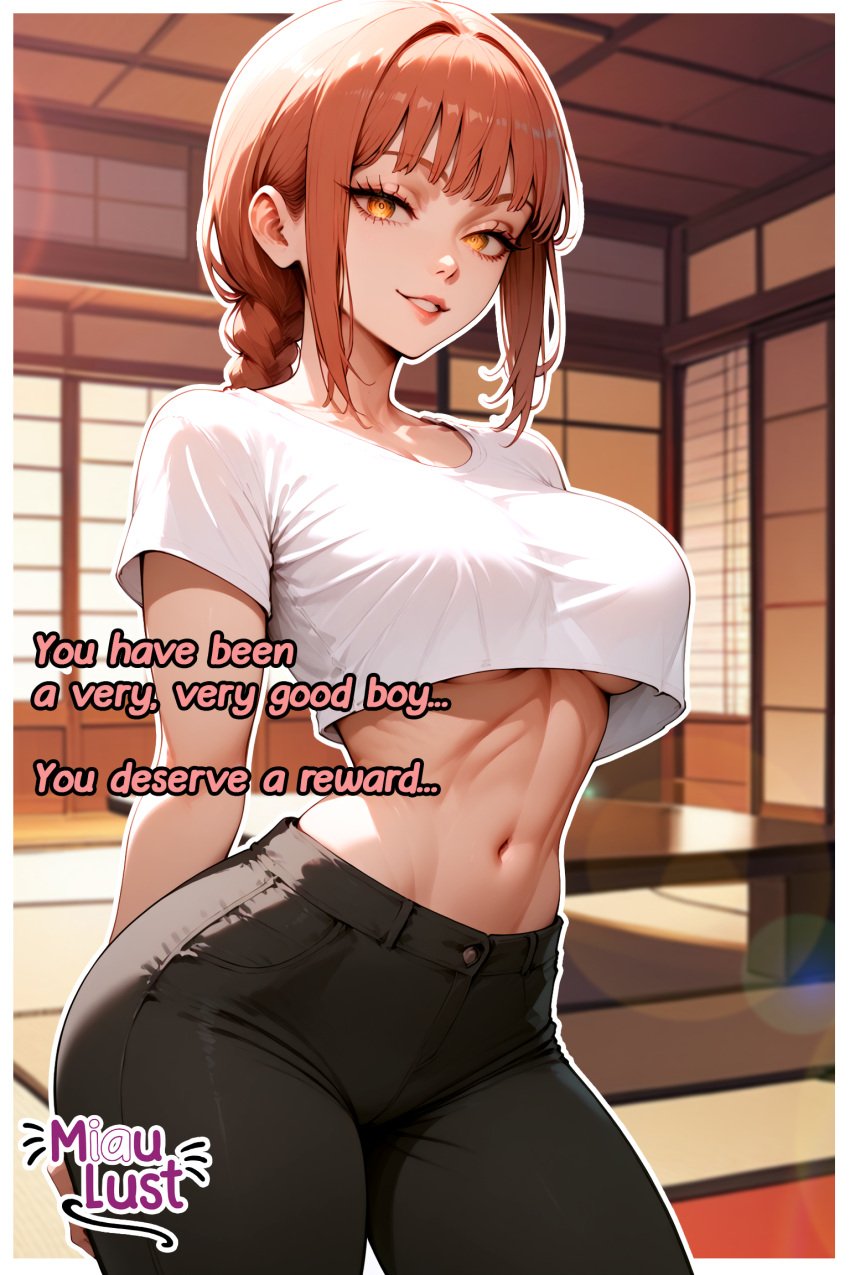 ai_generated arms_behind_back black_pants chainsaw_man makima_(chainsaw_man) miaulust red_hair white_shirt