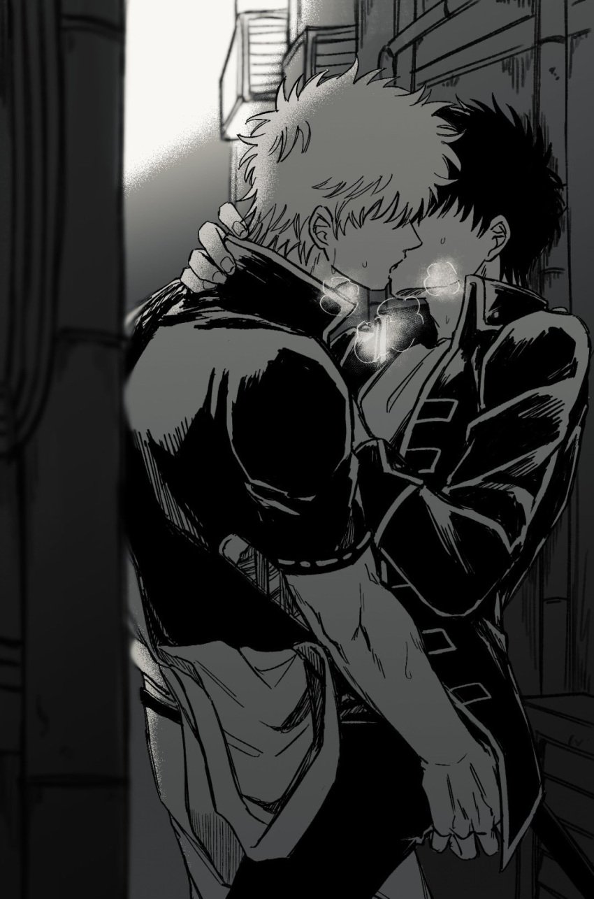 2boys alley alleyway ass_grab beeko_beko_2 breath embrace fully_clothed gay gintama gintoki_sakata hijikata_toshiro kissing making_out male male_only monochrome outdoors passionate police_uniform public shinsengumi_(gintama) sweat uniform yaoi