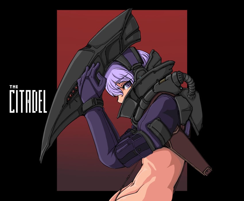 black_background crop_top crotch_strap doekuramori english_text eyebrows eyelashes female female_focus gloves gradient_background helmet holster looking_at_viewer martyr_(the_citadel) matching_hair/eyes navel official_art purple_eyes purple_gloves purple_hair purple_shirt red_background removing_helmet shirt short_hair simple_background solo the_citadel the_martyr title unworn_headwear unworn_helmet