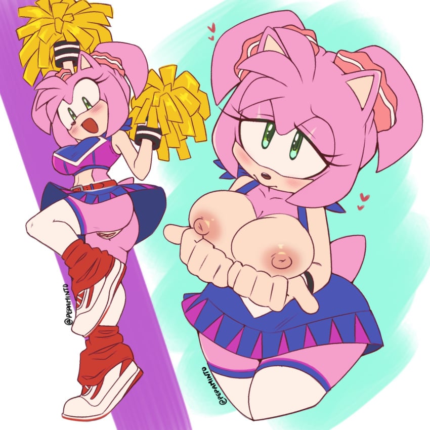 2d 2d_(artwork) 2d_artwork amy_rose belly_button big_breasts blue_skirt blue_topwear blush blushing_female cheerleader cheerleader_uniform erect_nipples exposed_breasts exposed_pussy eyelashes grabbing_own_breast green_eyes happy_female hedgehog hedgehog_girl hedgehog_humanoid juliet_starling_(cosplay) large_ass large_breasts lollipop_chainsaw open_mouth pepamintop pink_areola pink_fur pink_nipples pussy pussy_juice pussy_juice_drip pussy_lips red_shoes sega showing_breasts skirt_lift skirt_up solo sonic_(series) sonic_the_hedgehog_(series) thick_ass thick_hips thick_thighs thin_waist twintails two_tone_fur white_socks yellow_pom_poms