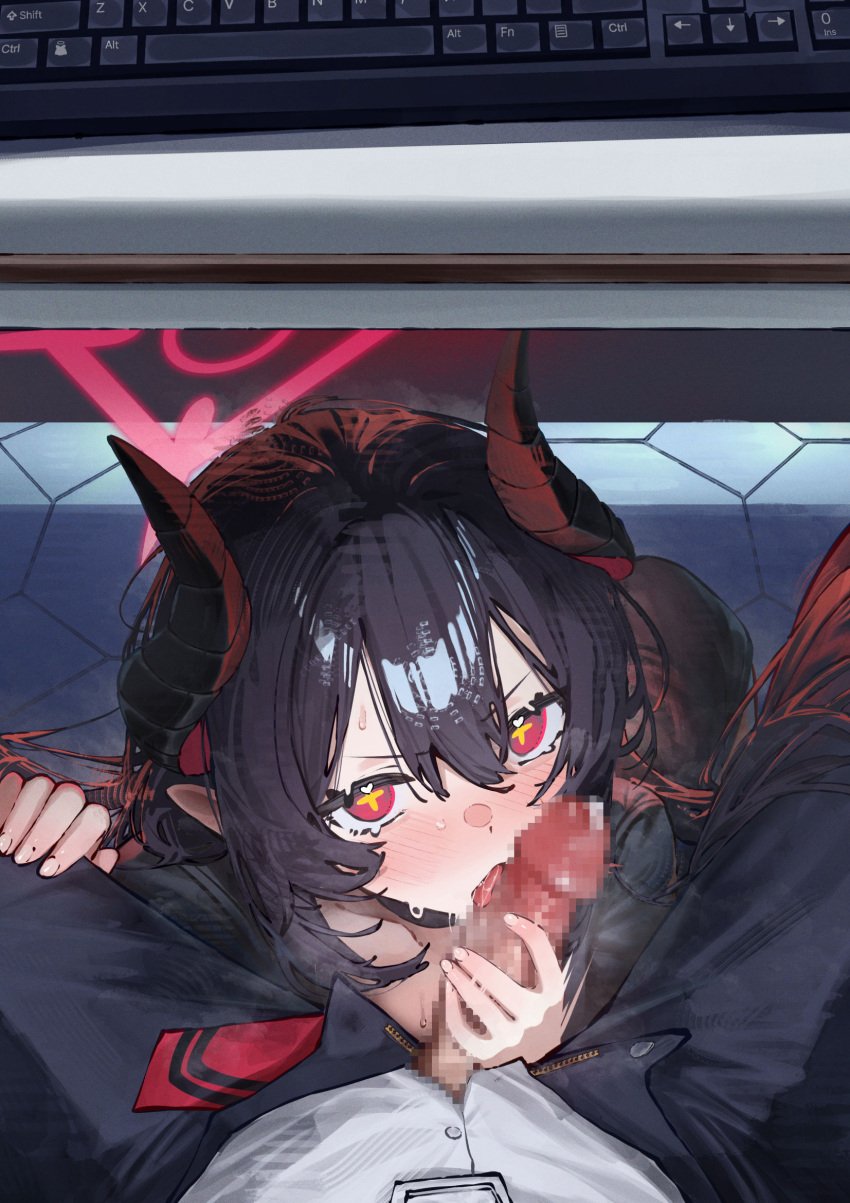 1boy betabeet black_hair black_horns black_pants black_shirt blue_archive blush censored chiaki_(blue_archive) commentary computer_keyboard cross-shaped_pupils demon_girl demon_horns fellatio female hair_between_eyes highres horns licking licking_penis long_hair looking_at_viewer mosaic_censoring necktie oral pants penis pointy_ears pov precum red_eyes red_necktie saliva shirt straight sweat symbol-shaped_pupils under_the_table white_shirt