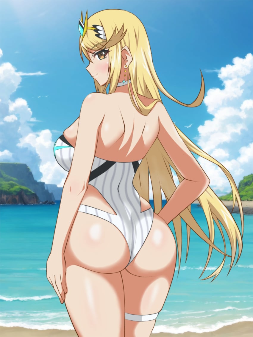 ass back back_focus hata_(pixiv10403940) highleg looking_at_viewer looking_back mythra mythra_(radiant_beach)_(xenoblade) swimsuit xenoblade_(series) xenoblade_chronicles_2